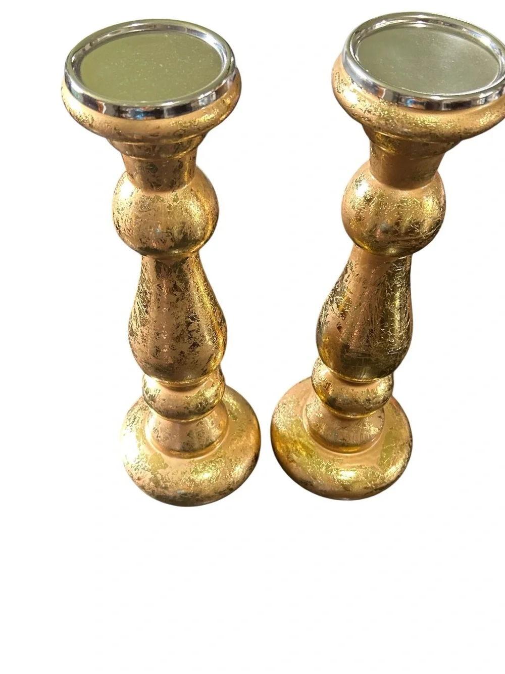 15.5” Candle Pillar Set Glass Textured Gold New